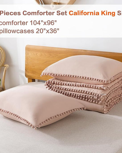 Litanika California King Comforter Set Pink,3 Pieces Blush Boho Pom Pom Lightweight Bed Comforter, All Season Soft Solid Color Bedding Comforter Sets (1 Comforter 104x96 Inch, 2 Pillowcases) - LeafyLoom