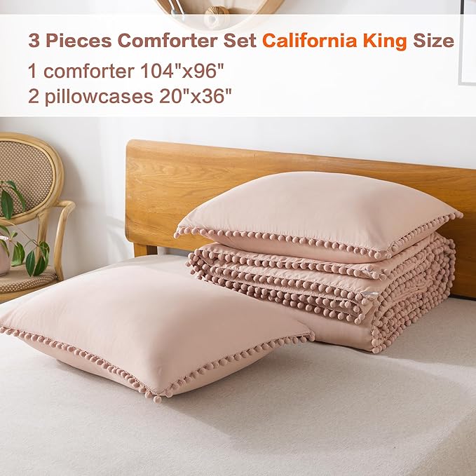Litanika California King Comforter Set Pink,3 Pieces Blush Boho Pom Pom Lightweight Bed Comforter, All Season Soft Solid Color Bedding Comforter Sets (1 Comforter 104x96 Inch, 2 Pillowcases) - LeafyLoom