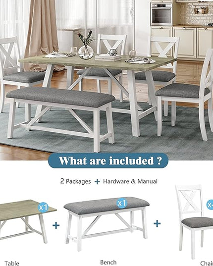 Rustic Style Spacious 4 Chair and Multifunctional Bench, Long-Lasting Solid Rubber Wood Room, Kitchen, 6 Piece Dining Table Set, White 18 - LeafyLoom