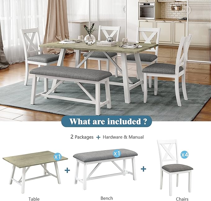 Dining Room Table Set for 6, Wood Kitchen Table Set with 4 Upholstered Chairs & 1 Padded Bench, 6-Piece Rustic Style Dining Table and Chairs for Kitchen, Dining Room, White+Grey - LeafyLoom
