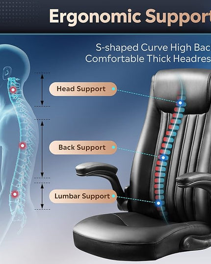 DEVAISE Computer Office Chair, High Back Ergonomic Desk Chair with Adjustable Flip-up Armrests, Lumbar Support and Thick Headrest, Executive Suede Fabric Swivel Task Chair, Black - LeafyLoom