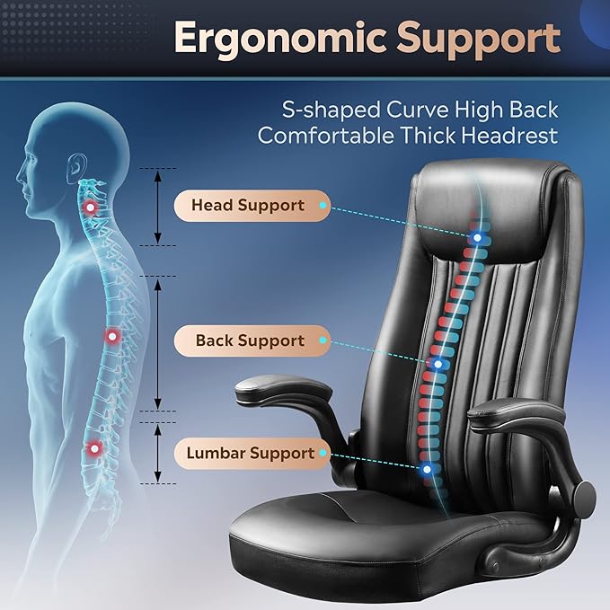DEVAISE Computer Office Chair, High Back Ergonomic Desk Chair with Adjustable Flip-up Armrests, Lumbar Support and Thick Headrest, Executive Suede Fabric Swivel Task Chair, Black - LeafyLoom