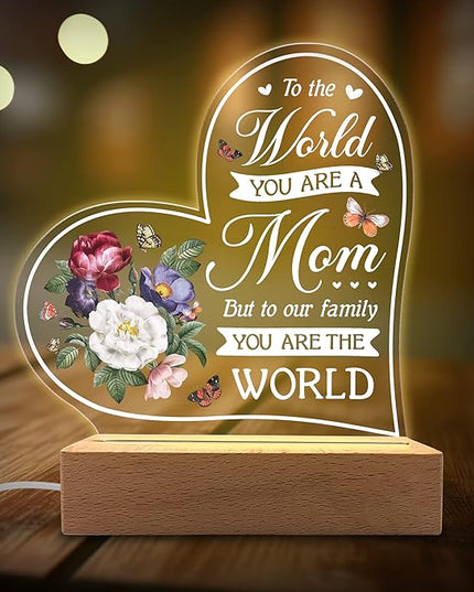 Acrylic Night Light Gift for Mother - to Our Family You are The World - Acrylic Light Gift for Mom from Son, Daughter on Mothers Day - Birthday Gifts to Mom - LeafyLoom