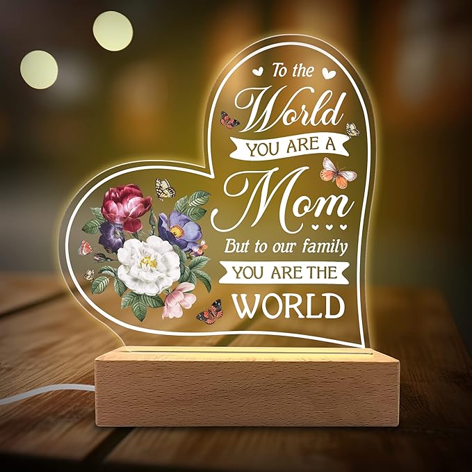 Acrylic Night Light Gift for Mother - to Our Family You are The World - Acrylic Light Gift for Mom from Son, Daughter on Mothers Day - Birthday Gifts to Mom - LeafyLoom
