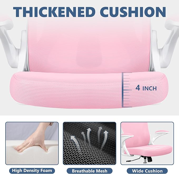 Office Chair Desk Chair, Ergonomic Mesh Computer Chair Home Office Desk Chairs, Swivel Task Chair Mid Back Breathable Rolling Chair with Adjustable Lumbar Support Flip Up Armrest (Pink) - LeafyLoom