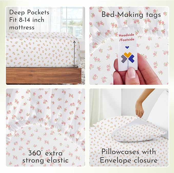 California Design Den Floral Pattern Bed Sheet Set Queen Size, 100% Cotton Sateen 4 Pc Deep Pocket Queen Sheets & Pillowcase Set - Chic Floral - LeafyLoom