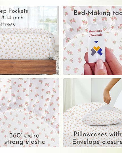 California Design Den King Floral Sheet Set, 4 Pc 100% Cotton Sateen Sheets King Size Sheets Set Deep Pockets & Pillowcase Set - Chic Floral - LeafyLoom