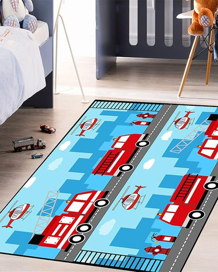 Car Rug Play Mat Car Rug Play Mat Car Rug for Boys Room Fire Fighting Truck Red Car Printed Rug Play Rug for Cars and Trucks Play Rugs for Kids Rooms,Light Blue 5'×7' - LeafyLoom