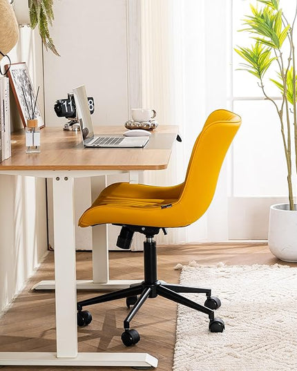 YOUTASTE Office Chair Modern Armless Desk Chair, Height Adjustable Swivel Rocking Computer Task Chair, Faux Leather Sewing Chairs with Wheels, Stylish Lounge Vanity Chair,Yellow - LeafyLoom