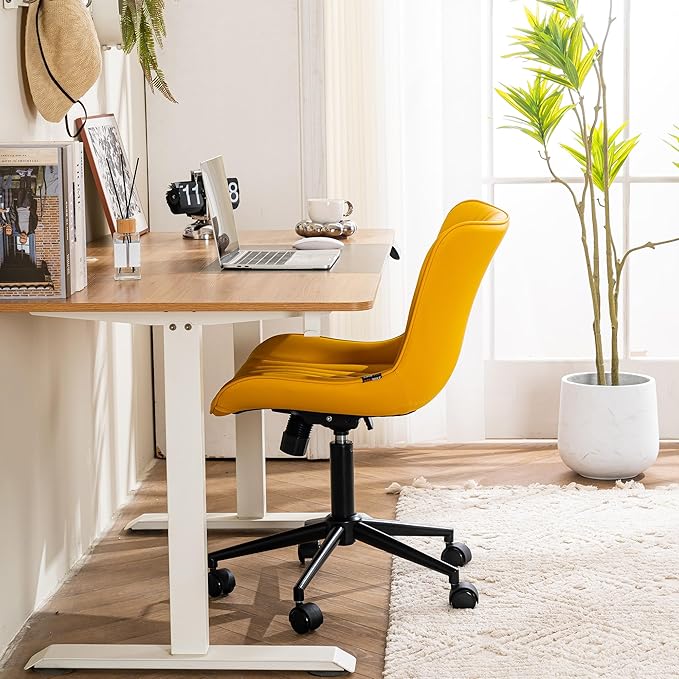 YOUTASTE Office Chair Modern Armless Desk Chair, Height Adjustable Swivel Rocking Computer Task Chair, Faux Leather Sewing Chairs with Wheels, Stylish Lounge Vanity Chair,Yellow - LeafyLoom
