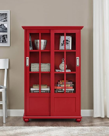Ameriwood Home Aaron Lane Bookcase with Sliding Glass Doors, Red - LeafyLoom