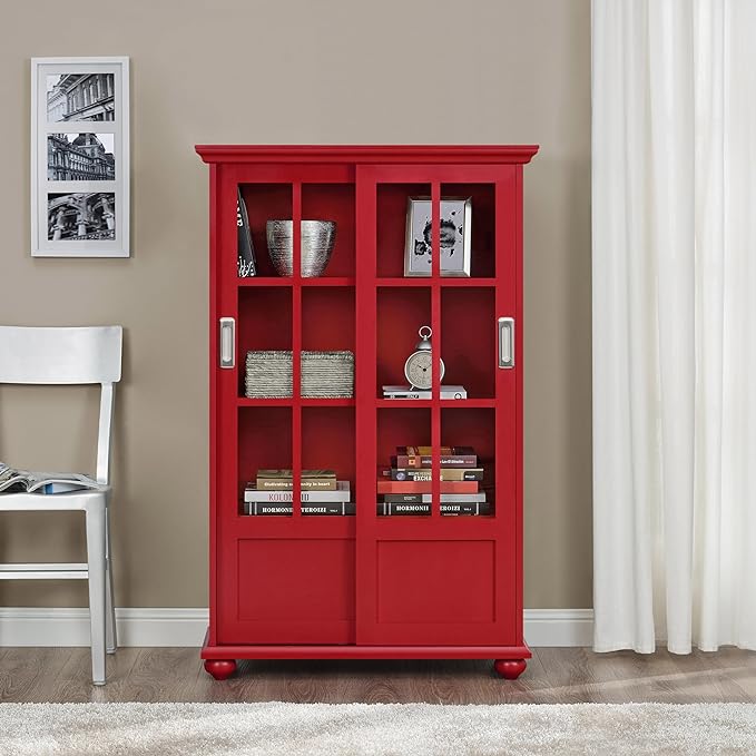 Ameriwood Home Aaron Lane Bookcase with Sliding Glass Doors, Red - LeafyLoom