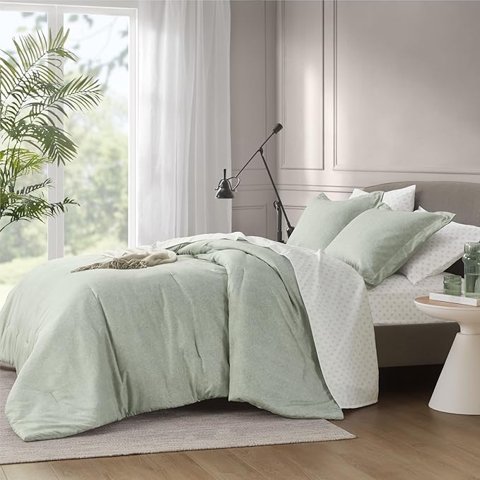 Degrees of Comfort Sage Green Comforter Set Twin Size, Lightweight Summer Comforters, Soft Chambray Print Cover, Down Alternative Filling, 2 Pieces Bedding Sets Including 1 Comforter and 1 Pillow Sham - LeafyLoom