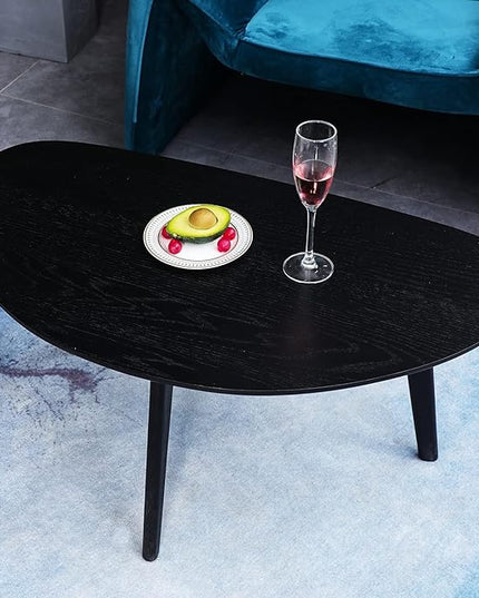 FIRMINANA Small Black Oval Coffee Table for Small Space , Simple Modern Center Table with OAK Wood Legs-Black-18.9" D x 33.47" W x 15.75" H - LeafyLoom