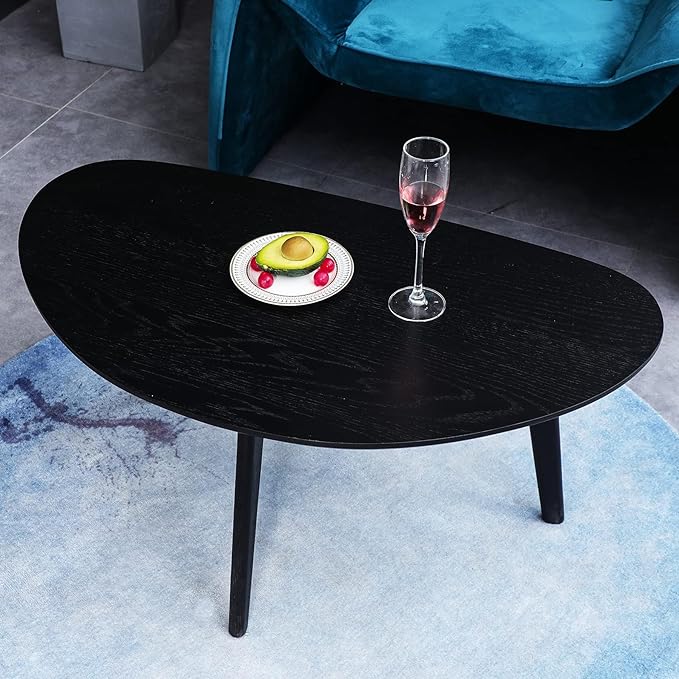 FIRMINANA Small Black Oval Coffee Table for Small Space , Simple Modern Center Table with OAK Wood Legs-Black-18.9" D x 33.47" W x 15.75" H - LeafyLoom