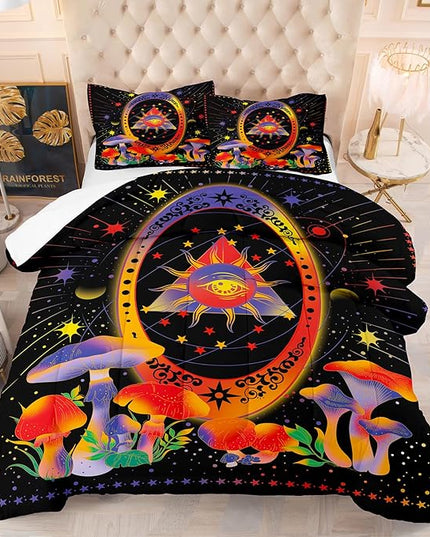 Tailor Shop Celestial Bedding Twin Size,Sun and Moon Bedding for Boys Girls Kids Teens, Mushroom Comforter Gothic Comforter Witchy Comforter Boho Exotic Black Bed with 1 Pillowcases - LeafyLoom