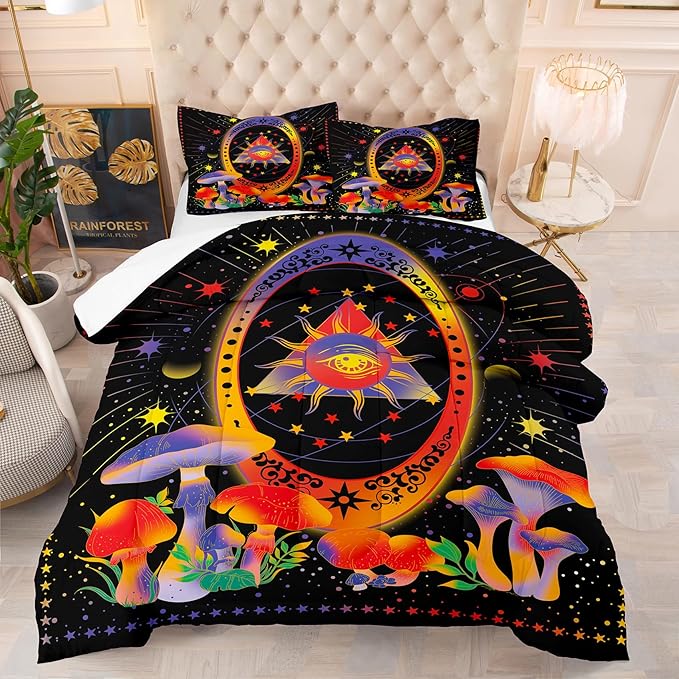 Tailor Shop Celestial Bedding Twin Size,Sun and Moon Bedding for Boys Girls Kids Teens, Mushroom Comforter Gothic Comforter Witchy Comforter Boho Exotic Black Bed with 1 Pillowcases - LeafyLoom