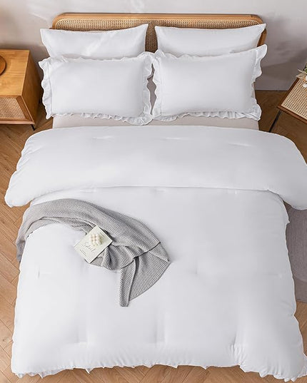 JANZAA California King Comforter Set White Comforter Ruffle 3PCS Soft Fluffy Boho Comforter Vintage Farmhouse Bed Comforter Set Shabby Chic Bedding with 2 Pillowcases for All Season - LeafyLoom