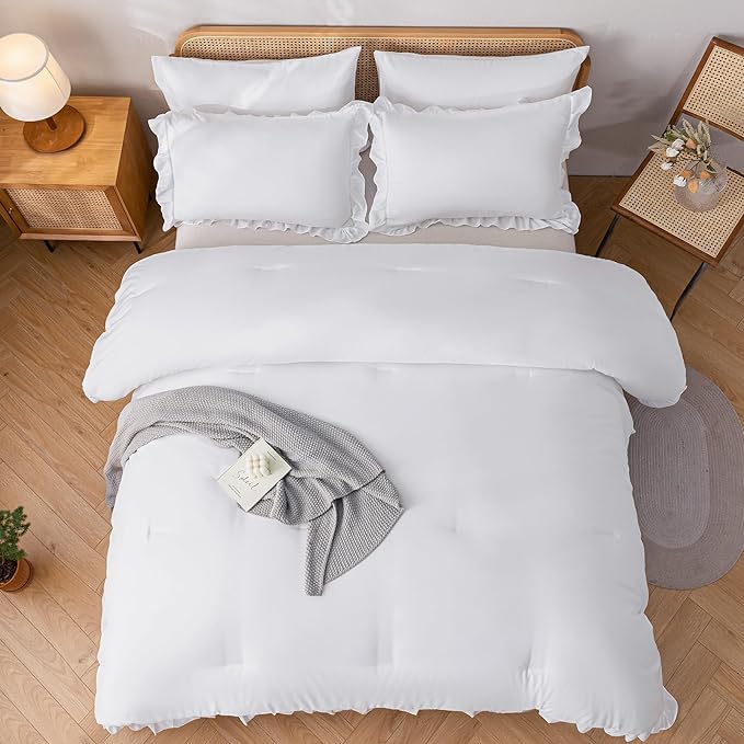 JANZAA California King Comforter Set White Comforter Ruffle 3PCS Soft Fluffy Boho Comforter Vintage Farmhouse Bed Comforter Set Shabby Chic Bedding with 2 Pillowcases for All Season - LeafyLoom