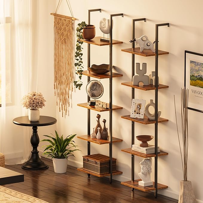 SUPERJARE 5-Tier Bookshelf, Narrow Book Shelf Set of 2, Open Wall-Mounted Ladder Shelf with Metal Frame, Display Bookcase for Home Office, Bedroom, Rustic Brown - LeafyLoom