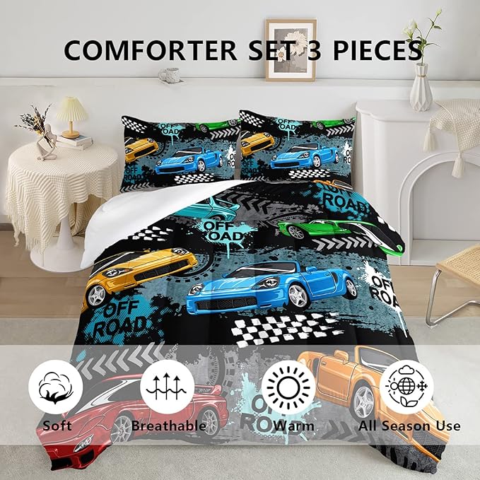 Axolotl Car Comforter Set Full Size,Cool Speed Race Car Comforter for Kids Boys Girls Teens Bedroom,Extreme Sport Quilt Duvet 1 Comforter 2 Pillowcase Car Racing Gifts,Blue Red Orange - LeafyLoom