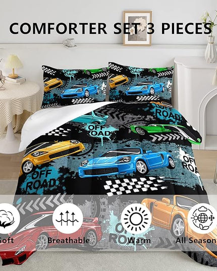 Axolotl Car Comforter Set Queen Size,Cool Speed Race Car Comforter for Kids Boys Girls Teens Bedroom,Extreme Sport Quilt Duvet 1 Comforter 2 Pillowcase Car Racing Gifts,Blue Red Orange - LeafyLoom