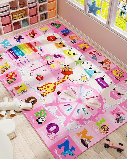 Kids Rug 5x7 Pink Rugs for Girls Bedroom Playroom Child Play Mat Educational and Fun Baby Care Rugs,Learning Rug with ABC Alphabets Animals Shapes No-Slip Carpets for Children Toddler Washable - LeafyLoom