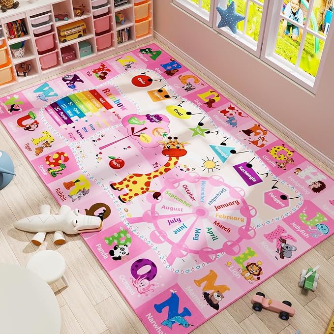Kids Rug 5x7 Pink Rugs for Girls Bedroom Playroom Child Play Mat Educational and Fun Baby Care Rugs,Learning Rug with ABC Alphabets Animals Shapes No-Slip Carpets for Children Toddler Washable - LeafyLoom