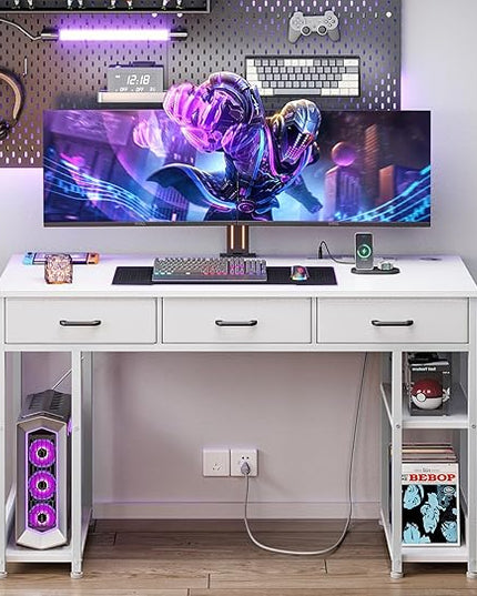 AODK 48 Inch Computer Desk with Fabric Drawers & Power Outlets, Office Desk with Storage Shelves & CPU Stand, Writing Study Table, Small Desk for Bedroom, White - LeafyLoom