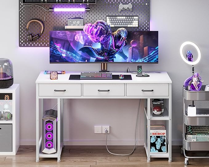 AODK 48 Inch Computer Desk with Fabric Drawers & Power Outlets, Office Desk with Storage Shelves & CPU Stand, Writing Study Table, Small Desk for Bedroom, White - LeafyLoom