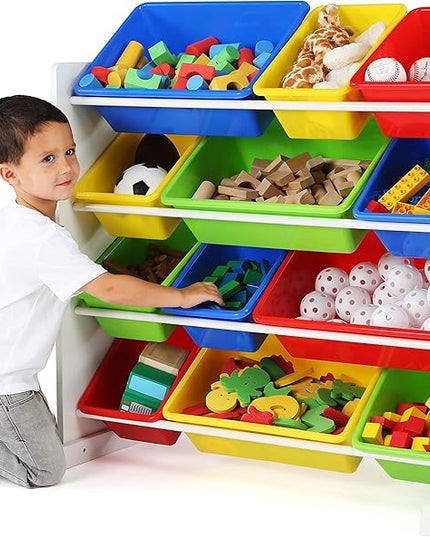 Humble Crew, White/Primary Kids' Toy Storage Organizer with 12 Plastic Bins - LeafyLoom