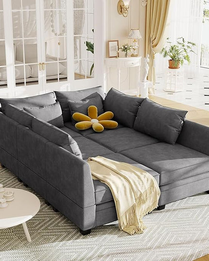 115.1" Modern Large U-Shape Modular Sectional Sofa with Reversible Chaise and Storage Seat, Convertible Sleeper Couch Bed for Living Room, Apartment, Office, Dark Gray, 115.1 Inch - LeafyLoom