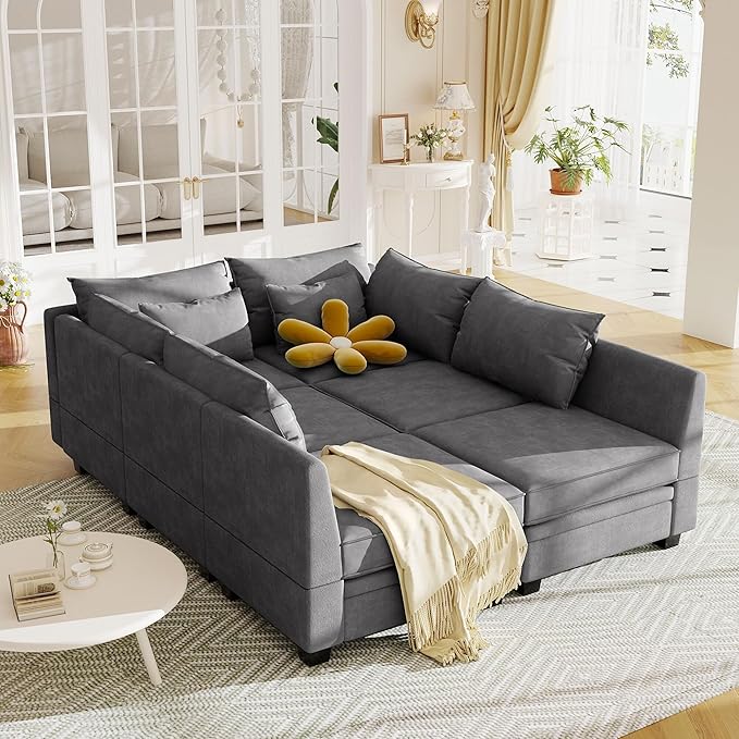 115.1" Modern Large U-Shape Modular Sectional Sofa with Reversible Chaise and Storage Seat, Convertible Sleeper Couch Bed for Living Room, Apartment, Office, Dark Gray, 115.1 Inch - LeafyLoom