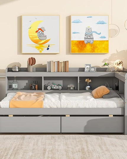 Twin Size Platform 2 Storage Drawers and L-Shaped Bookcases, Wooden Captain Bed Daybed Frame with Headboard for Bedroom, Living Room, Gray - LeafyLoom