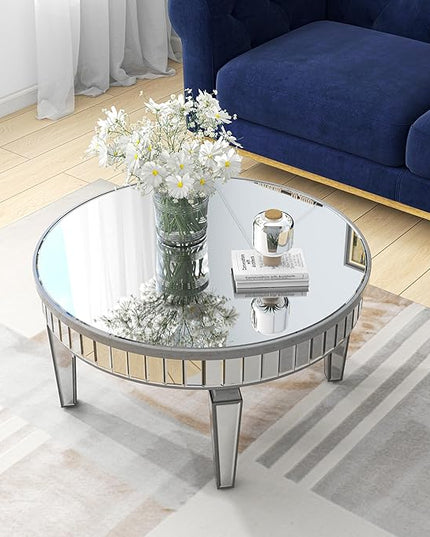 Mirrored Coffee Table - Round Glass Coffee Table with Highly Reflective Mirror - Retro Style - Easy Assembly - Traditional Silver Frame - 31.5 Inch Diameter - Ideal for Living Room - LeafyLoom