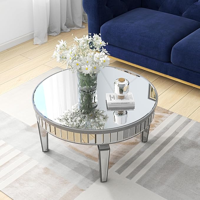 Mirrored Coffee Table - Round Glass Coffee Table with Highly Reflective Mirror - Retro Style - Easy Assembly - Traditional Silver Frame - 31.5 Inch Diameter - Ideal for Living Room - LeafyLoom