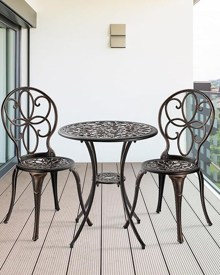 Patio Bistro Sets 3 Piece, Outdoor Bistro Table and Chairs Set of 2 with Umbrella Hole, Cast Aluminum Bistro Set, Patio Furniture for Yard Garden Porch, Bronze - LeafyLoom