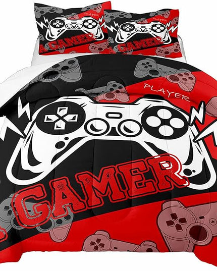 Gamer Bedding Sets for Boys Game Comforters Queen Size for All Seasons Gaming Bedding Sets for Kids Bedroom Decor Black and Red Game Controller Beddings 1 Comforter and 2 Pillowcases - LeafyLoom
