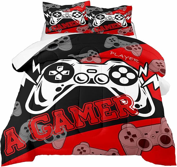 Gamer Bedding Sets for Boys Game Comforters Queen Size for All Seasons Gaming Bedding Sets for Kids Bedroom Decor Black and Red Game Controller Beddings 1 Comforter and 2 Pillowcases - LeafyLoom