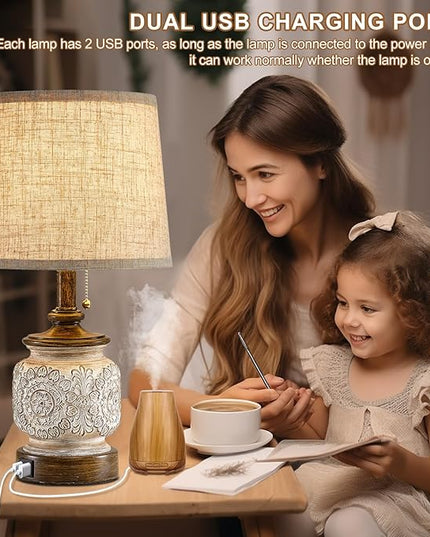 19.5" Farmhouse Bedside Table Lamps Set of 2 Rustic Lamps for Nightstand Bedroom with USB Ports Vintage Traditional White Carved Floral Night Light Lamps for Living Room End Tables Decor - LeafyLoom