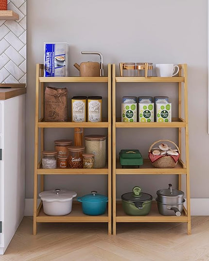 SMIBUY Bamboo Ladder Bookcase, Bathroom Storage Rack Organizer, 4 Tier Freestanding Plant Display Stand Space Saver Shelves for Bedroom, Kitchen, Balcony (Natural) - LeafyLoom