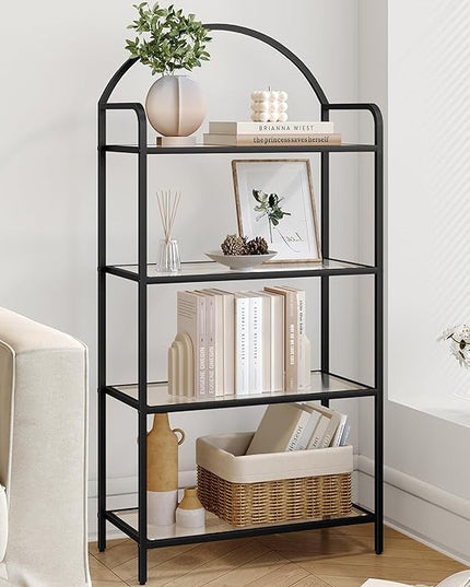 Bookcase Bookshelf, Tempered Glass Bookshelves, Slim Shelving Unit for Bedroom, Bathroom, Home Office, Steel Frame, 4 Tier Black BC21499B - LeafyLoom