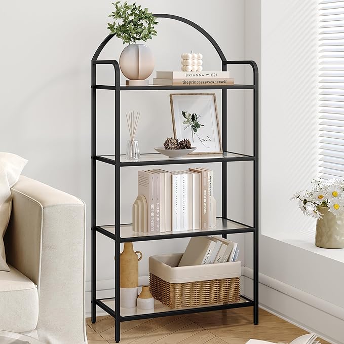 Bookcase Bookshelf, Tempered Glass Bookshelves, Slim Shelving Unit for Bedroom, Bathroom, Home Office, Steel Frame, 4 Tier Black BC21499B - LeafyLoom