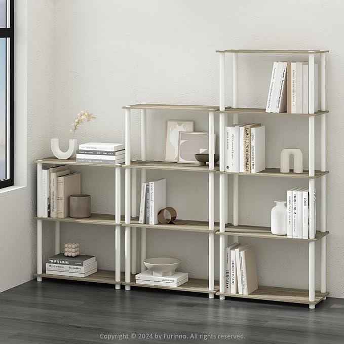 Furinno Turn-N-Tube 5-Tier Multipurpose Compact Display Rack, Shelving Unit, Bookcase, Sonoma Oak/White - LeafyLoom