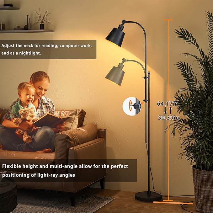 Floor Lamp, Industrial Floor Lamps for Living Rooms & Bedrooms - Rustic Farmhouse Reading Lamp Standing, Adjustable Metal Heads Indoor Task Lighting for Living Room Office Home Décor (Black01-3S) - LeafyLoom