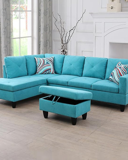 L-Shaped Sectional Couches with 66.5'' Chaise Lounge & Storage Ottoman Modular Room Sofas for Home Office Apartment, Large Living Furniture, 97'' Left Hand Facing, Green Linen - LeafyLoom