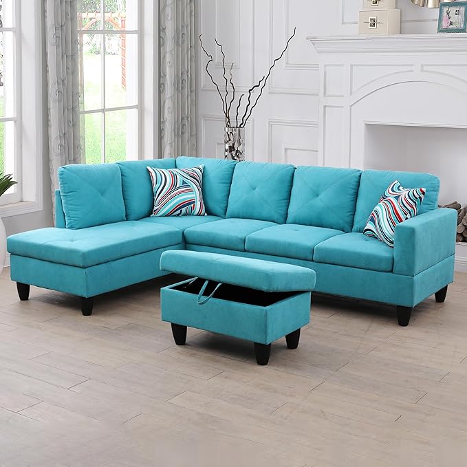 L-Shaped Sectional Couches with 66.5'' Chaise Lounge & Storage Ottoman Modular Room Sofas for Home Office Apartment, Large Living Furniture, 97'' Left Hand Facing, Green Linen - LeafyLoom