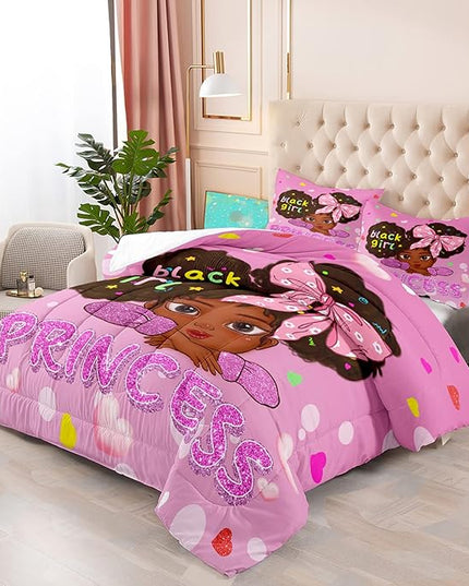 Black Girl Full Size Comforter Sets for Girls-Black African American Girls Full Size Bedding Sets Pink Princess Full Size Comforter Sets Girls Room, Full (1 Comforter 2 Pillowcases) - LeafyLoom