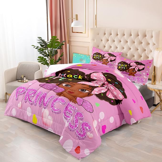 Black Girl Comforter Set Queen, Black African American Girls Queen Comforter Sets, Pretty Pink Princess Queen Comforter Set for Girls Bedroom Decor, Queen (1 Comforter 2 Pillowcases) - LeafyLoom