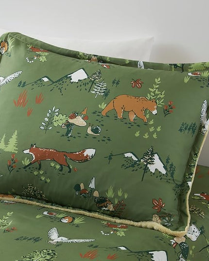 Mi Zone Kids Queen Comforter Set, Reversible Plush Kids Comforter Set, Cozy Plush Reverse Bedding, Winter Fluffy Comforter Bed Set, 2 Shams, Enchanting Forest Animals, Full/Queen, Sage Green 3 Piece - LeafyLoom